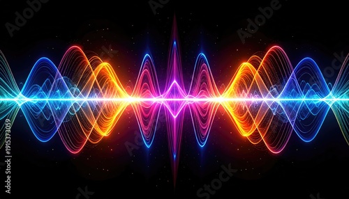 Colorful glowing sound waves pattern on black background. It is a visual representation of energy, music and science