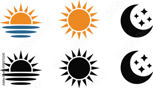 Sun and Moon Outline Icon Set Sunrise, Sunset, and Night Symbols