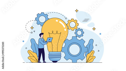 Male engineer using a laptop next to a giant glowing lightbulb and blue mechanical gears representing innovation and creative thinking.