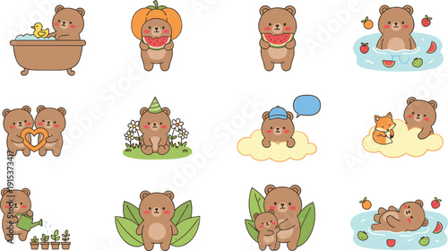 Cute teddy bear stickers set, adorable cartoon characters in different activities, kids illustration collection isolated on white