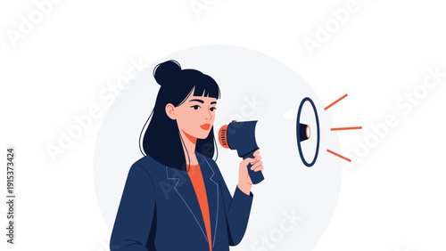 Woman in a blue business suit speaking loudly into a megaphone to make an announcement or lead a protest for a social movement or cause.