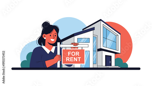 Smiling woman holding a red for rent sign while standing in front of a modern white luxury house on a bright sunny day with blue sky.