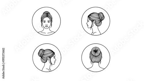 Minimalist black and white line art drawings of a woman with her hair in a bun shown from four different perspective angles in circles.
