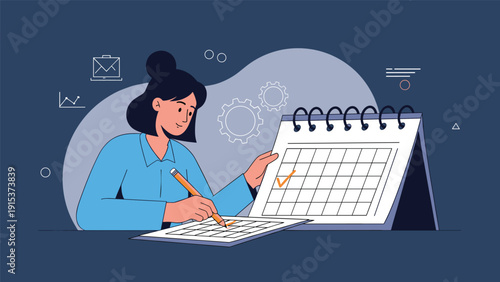 Productive woman sitting at her desk and marking a specific date on a large desk calendar with a pencil to plan a schedule or event.