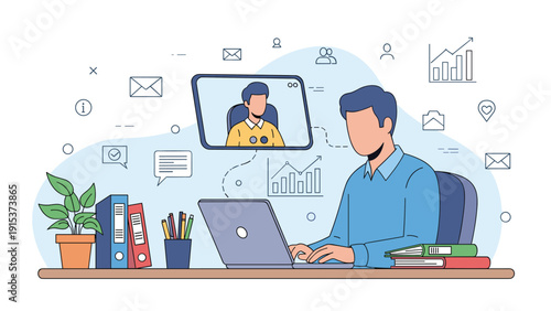 Professional man working at a desk on a laptop while participating in a video call with a colleague and managing multiple digital tasks.