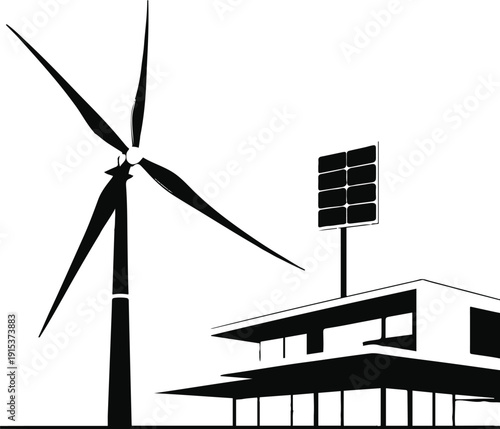 Minimal black and white vector of wind turbine and solar panel connected to building 2