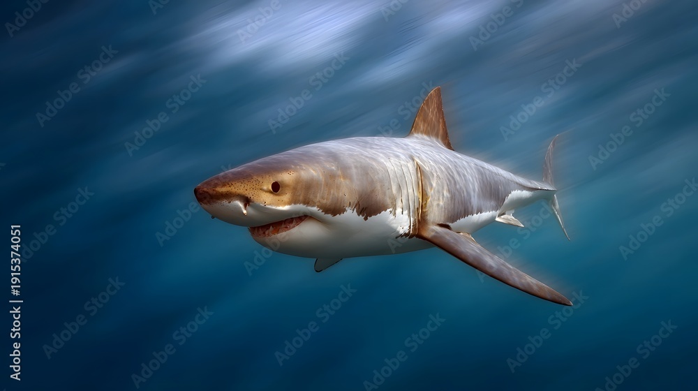Obraz premium Majestic Great White Shark Gliding Through Deep Blue Ocean Waters in Dynamic Motion