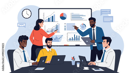 Diverse business team having a productive meeting around a table while analyzing charts and data visualizations on a large whiteboard.