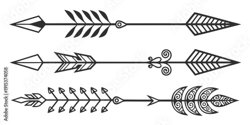 A collection of various arrow designs with different heads and fletching styles Vector