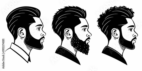 Three distinct hairstyles featuring beards and different hair lengths Vector