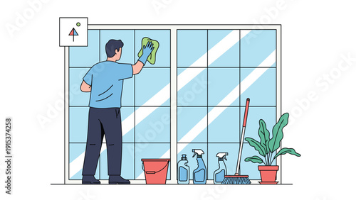 Window cleaner using a squeegee and soapy water to wash a large glass window of a building with cleaning supplies standing nearby.