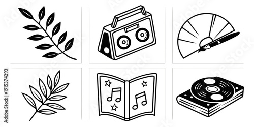 A collection of vintage items including a camera, fan, and records Vector