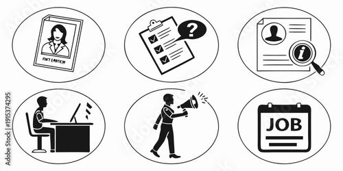Illustrations of various activities and objects related to employment and job search. Vector
