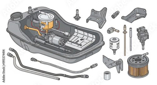 Mechanical Device Parts Disassembled Detailed View.