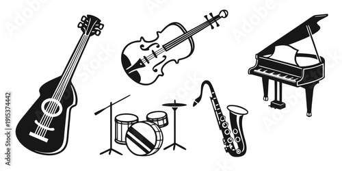 A variety of musical instruments including a guitar, violin, piano, drums, and saxophone Vector