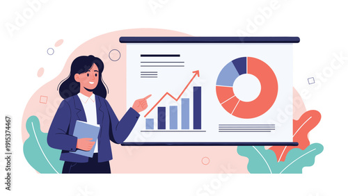 Confident female executive presents statistical data and growth trends on a presentation board during a corporate business meeting.