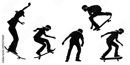 Skateboarders performing various tricks and stunts in silhouette form Vector