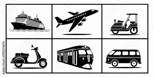 A diverse collection of transportation icons showcasing various modes of travel Vector