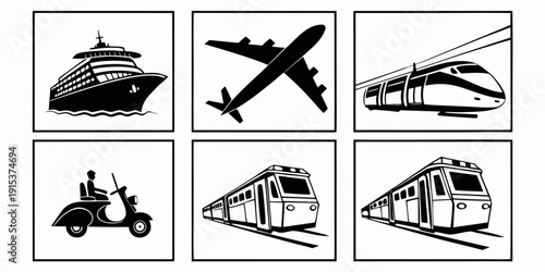 Various modes of transportation including a cruise ship, airplane, and train. Vector