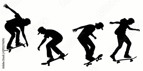 Silhouettes of skateboarders performing various tricks and maneuvers Vector