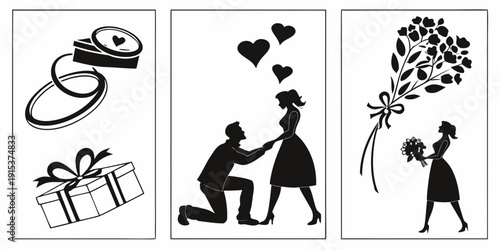 A man proposing with a ring while holding flowers and a gift. Vector