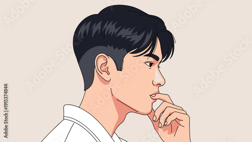 Artistic profile portrait of a thoughtful young man with black hair looking ahead against a plain neutral background in a clean style.