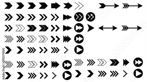 Collection of various arrow icons and play buttons on white background