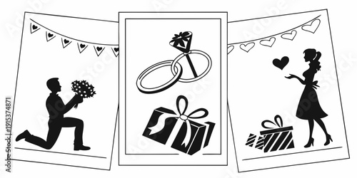 A series of three illustrations depicting a romantic proposal, a gift, and a couple in love. Vector
