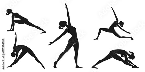 Five different yoga poses demonstrated by a single person in a sequence Vector