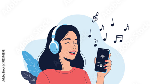 Happy young woman listens to her favorite music through headphones while holding a smartphone with digital music notes floating nearby.