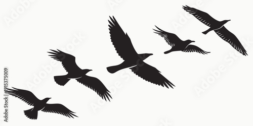 A flock of birds flying in a diagonal formation against a white background Vector