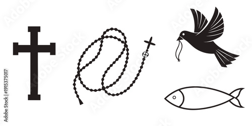 Religious symbols including cross, rosary, dove, and fish Vector