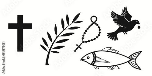 Religious symbols and objects representing christianity and nature. Vector