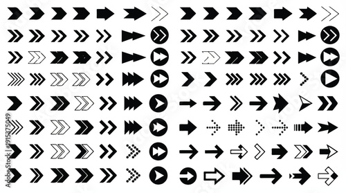 Collection of various black arrow icons on white background