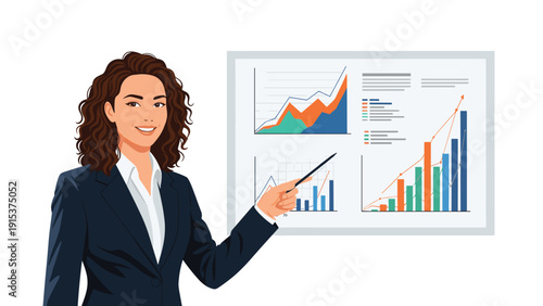 Successful female executive points to a comprehensive data dashboard featuring multiple growth charts and financial analytics on a screen.