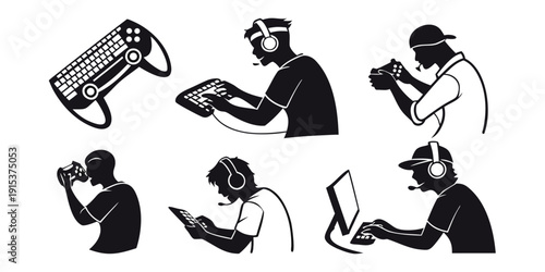 Six people wearing different types of headgear and holding various objects Vector