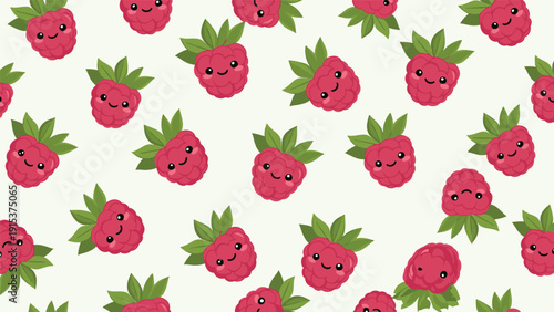 Adorable seamless pattern showcases cute smiling raspberries with little green leaves on a pale background for playful fabric designs.