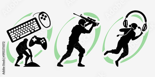 A person using a laptop, doing exercise, and listening to music with headphones Vector