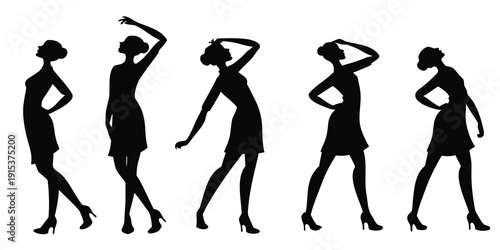 Silhouettes of women showcasing various walking styles and postures Vector