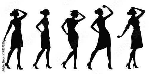 Five silhouettes of women dancing in a line, showcasing various dance moves Vector