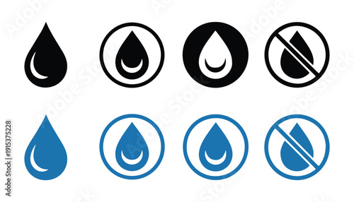 Water drop icons black and blue in circles and forbidden symbols on white background