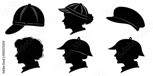 Six stylish silhouettes showcasing a variety of fashionable hats and caps. Vector