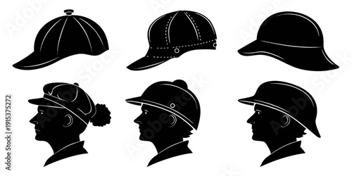 A collection of different styles of hats silhouettes Vector