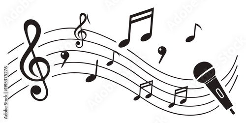 Musical notes and a microphone symbolizing the art of music and performance Vector
