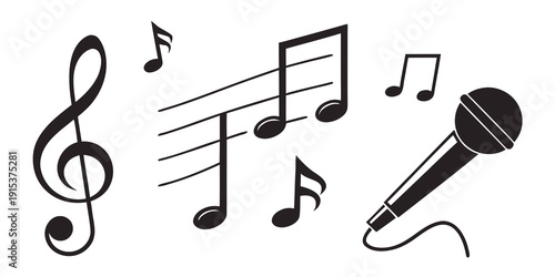 A collection of musical notes and a microphone symbolizing music and performance. Vector