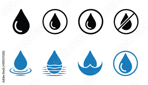 Water drop icon set liquid droplet symbols black and blue isolated on white background