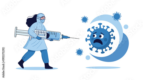 Medical worker in protective clothing fights a giant blue virus cell using a large syringe representing vaccination and immunity.