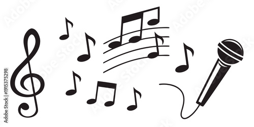 A musical scene with notes, a treble clef, and a microphone on a dark background Vector