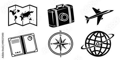 Assorted travel icons representing adventure and exploration around the globe. Vector
