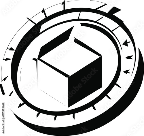 Black and white vector of circular arrows around digital product box